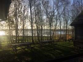 Trees with sparse foliage stand silhouetted against a setting sun reflecting off a serene lake. Picnic tables are scattered on the grassy area.