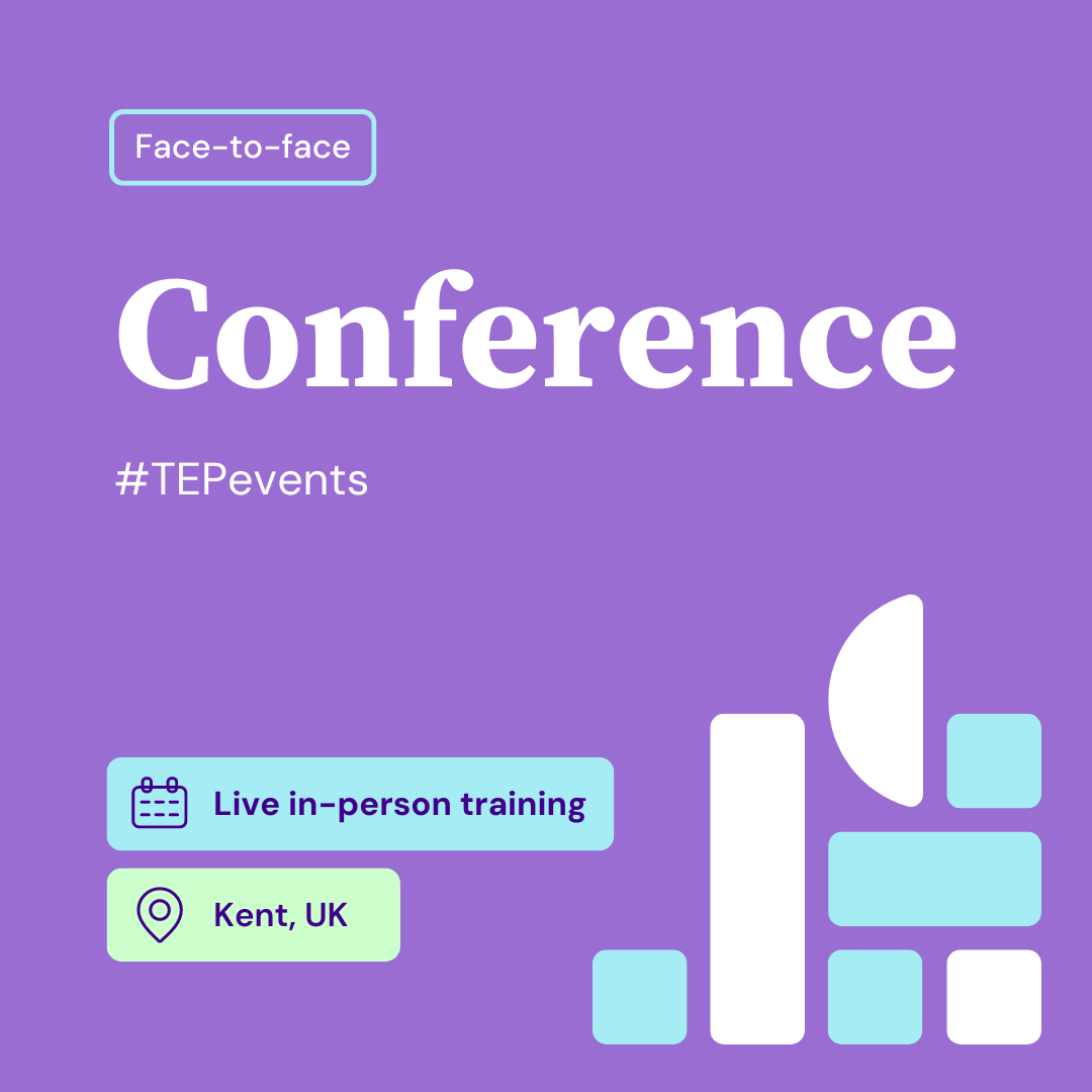Purple background with Conference in large white text. Hashtags, Face-to-face label, training details, and geometric shapes