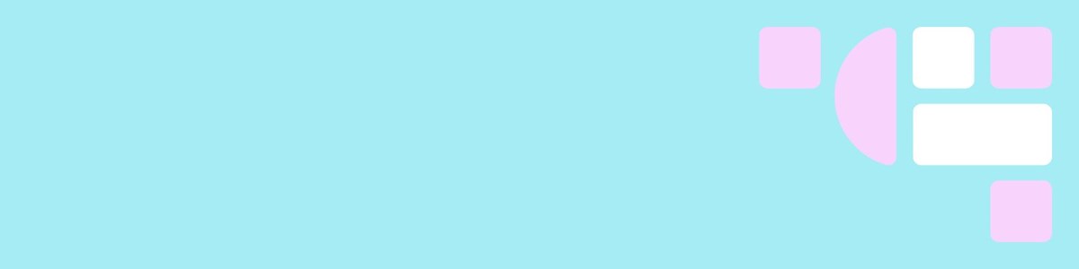 A light blue background features abstract shapes in pink and white, including squares, a semicircle, and a rectangle