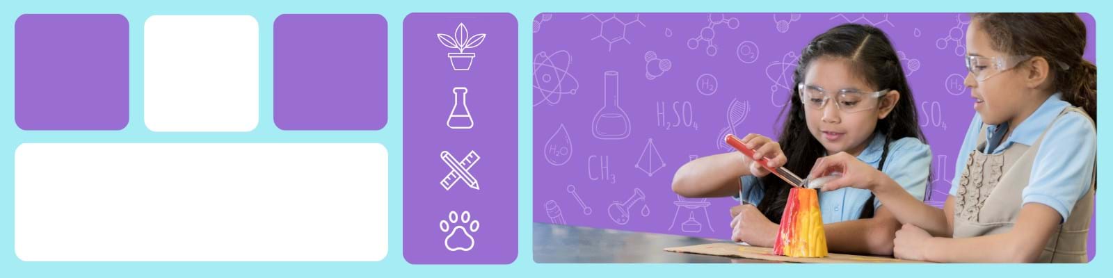 Two girls in glasses conduct a volcano science experiment on a purple science-themed background. Icons of a plant, flask, ruler, and paw are on the side.