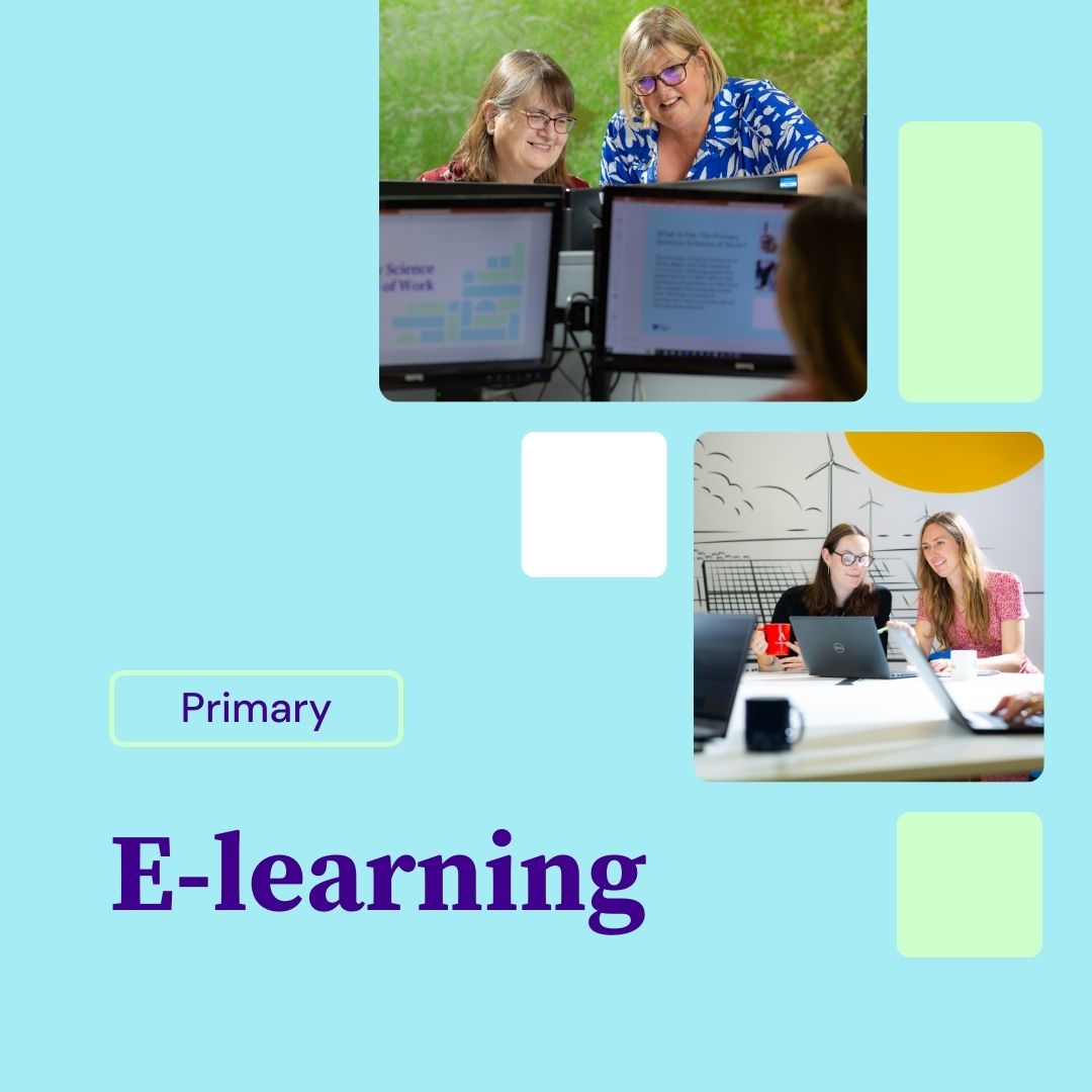 Primary E-learning tile with two photos: one showing two women collaborating at a computer, and another featuring two young women working together with laptops in a classroom.