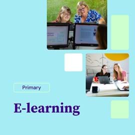Primary E-learning tile with two photos: one showing two women collaborating at a computer, and another featuring two young women working together with laptops in a classroom.
