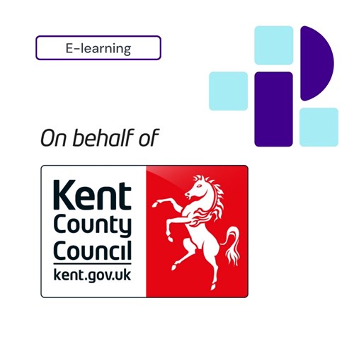 Purple box with E Learning and abstract shapes and text that says On behalf of Kent County Council featuring a white horse emblem on a red background.
