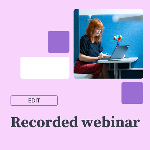 A woman with red hair works on a laptop in a modern office space. The pink and purple graphic background says Recorded webinar and Edit.
