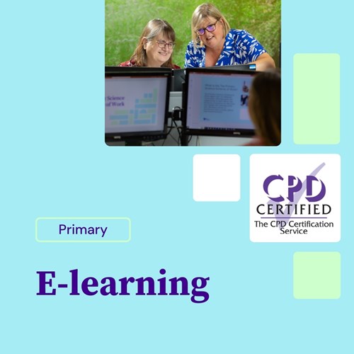 Two women smiling at computer screens, engaged in e-learning. Another image shows the CPD certified logo. Purple text reads primary and e learning