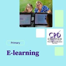 Two women smiling at computer screens, engaged in e-learning. Another image shows the CPD certified logo. Purple text reads primary and e learning