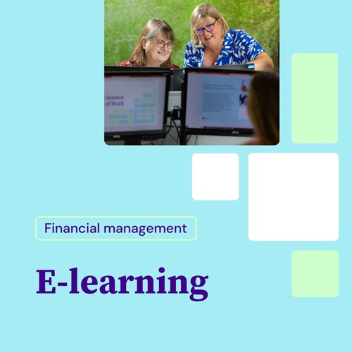 Two women smiling and looking at computer screens in a room with a green wall. Text reads Financial management E-learning on a blue background.