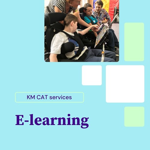 Three people, one assisting, use a communication device on a wheelchair. The image, with a light blue background, includes the text KM CAT services E-learning.