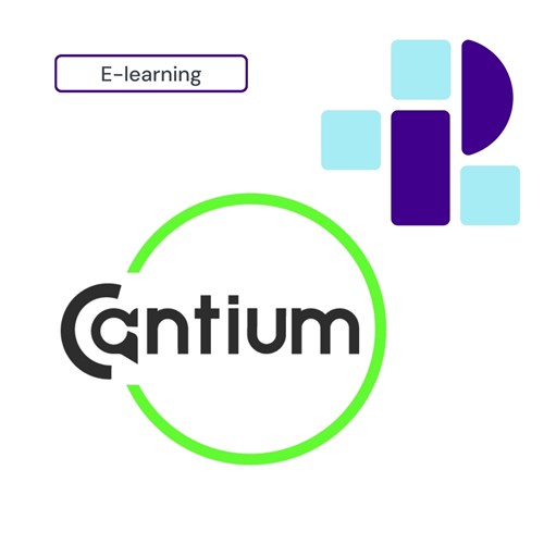 Logo with the word Cantium in black, encircled by a green ring. E learning is in a purple box. Purple geometric shapes sit on the top right.