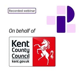 The image features a graphic promoting e-learning services. At the top, the label recorded webinar is displayed within a purple-bordered rectangle. On the right, a modern logo of geometric shapes in shades of purple and teal is shown. Below, the text reads On behalf of and leads to the Kent County Council logo—a white horse standing on its hind legs against a split red and white background.