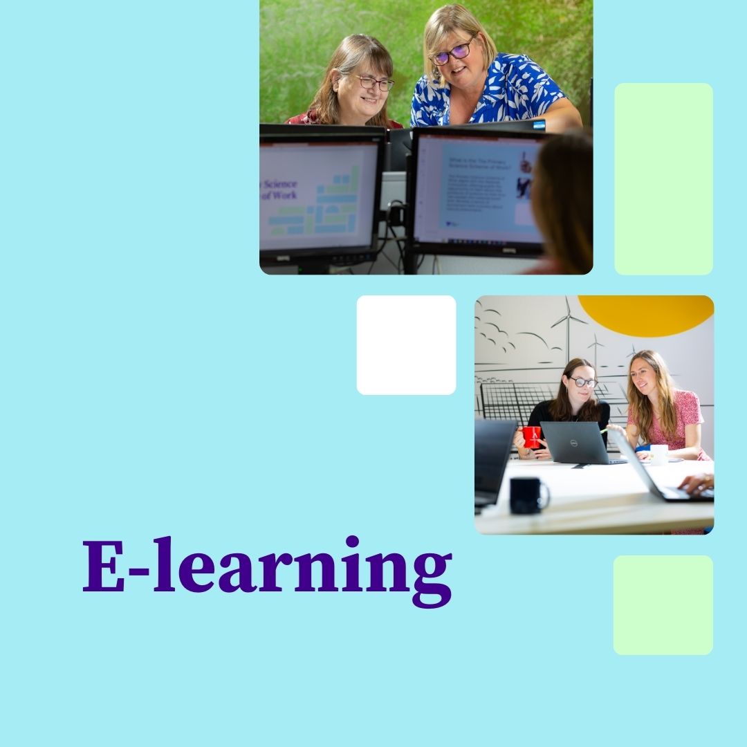 Collage featuring two pairs of women engaged in e-learning on computers, smiling and collaborating, with the word E-learning in purple text.