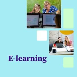 Collage featuring two pairs of women engaged in e-learning on computers, smiling and collaborating, with the word E-learning in purple text.
