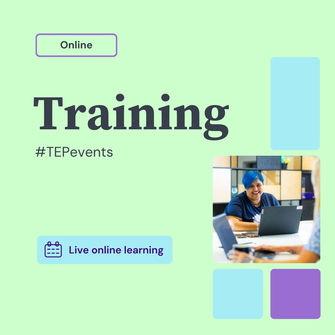 Online training with hashtag TEPevents on a light green background. A person smiles at a laptop in a small image. Text reads Live online learning.