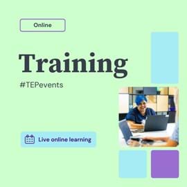 Online training with hashtag TEPevents on a light green background. A person smiles at a laptop in a small image. Text reads Live online learning.