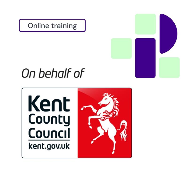 Online training image featuring the Kent County Council logo with a white horse on a red background. Accompanied by pastel green and purple geometric shapes.