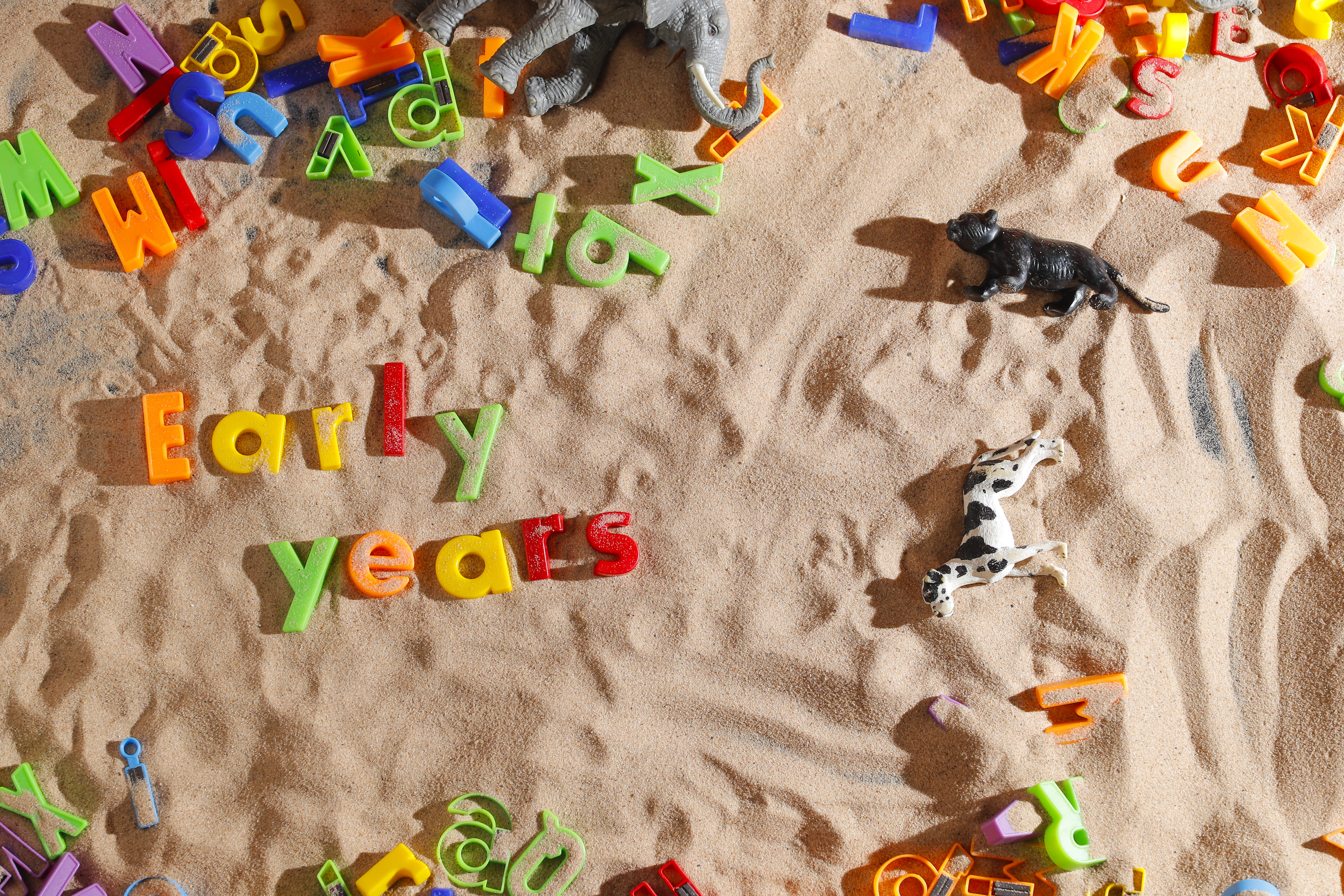 Early years letter blocks in the sand.