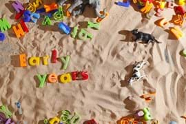 Early years letter blocks in the sand.